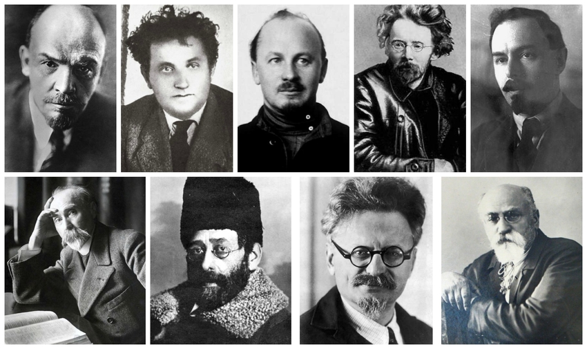 Portraits des bolcheviks, en haut de g. à dr.: Lenin Zinoviev, Boukharine, Piatakov et Sokolnikov, et de leur rivaux, en bas de g. à dr.: Plekhanov, Martov, Trotski et Riazanov.