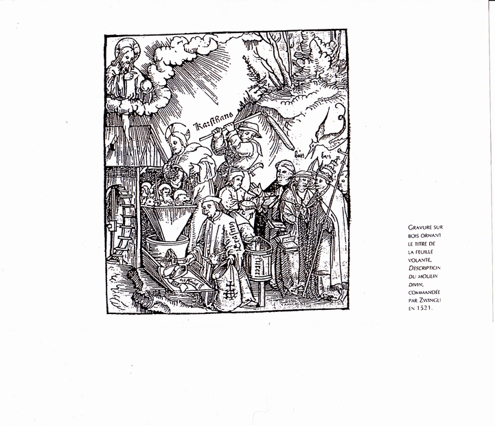 Gravure sur bois ornant le titre de la feuille volante "Description du moulin divin", commandé par Zwingli en 1521.