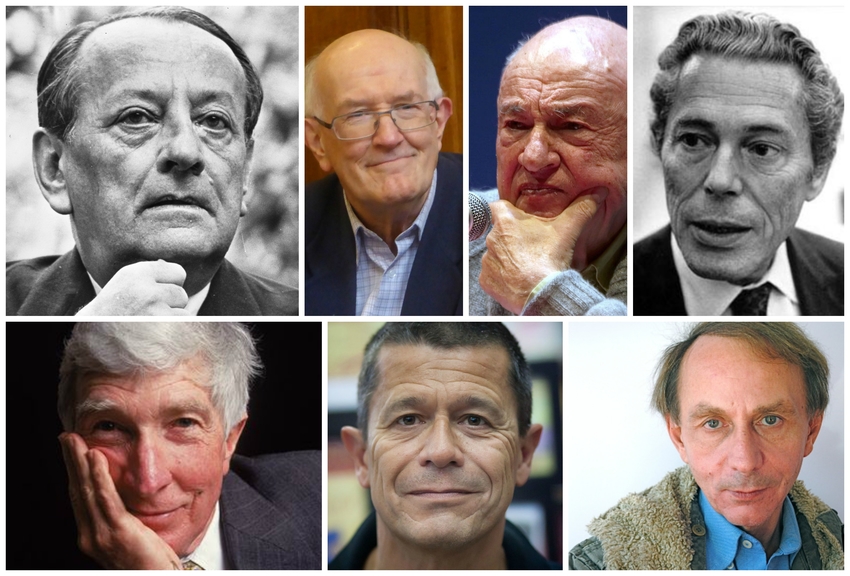 De g. à dr. : André Malraux, Marcel Gauchet, Edgar Morin et Jacques Monod (haut) ; John Updike, Emmanuel Carrère et Michel Houellebecq (bas). © Ldd
