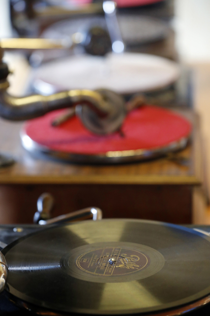 Old Domancy craft festival. Old gramophone and  LP record.  France. 